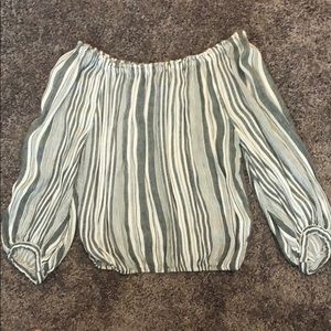 grey and white off the shoulder blouse